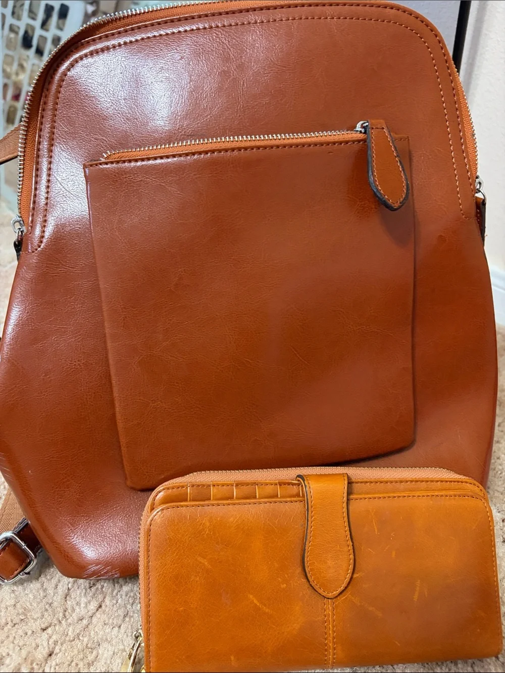 Classic Tan Faux Leather Backpack with Front Zip Pocket